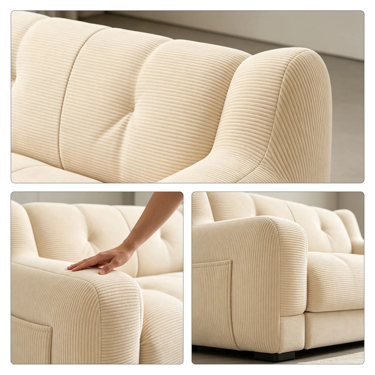 LIVARA 2 Seater Sofa Vintage Corduroy Upholstery Adaptive Particle Filling for Small Living Room Bedroom Apartment - White