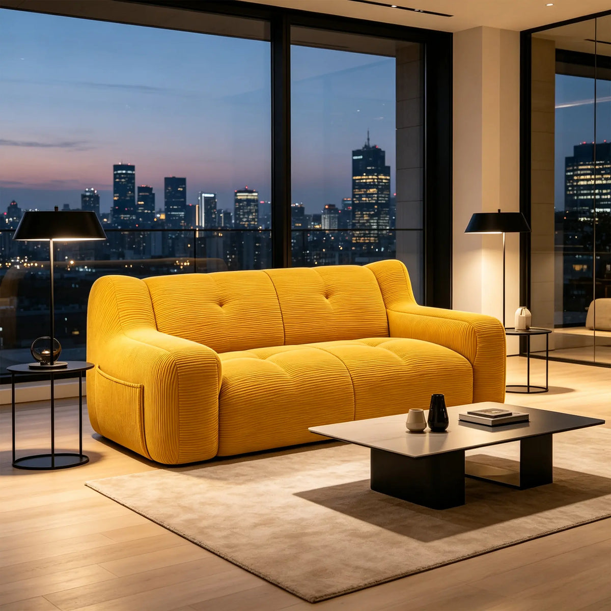 LIVARA 2 Seater Sofa Vintage Corduroy Upholstery Adaptive Particle Filling for Small Living Room Bedroom Apartment - Yellow