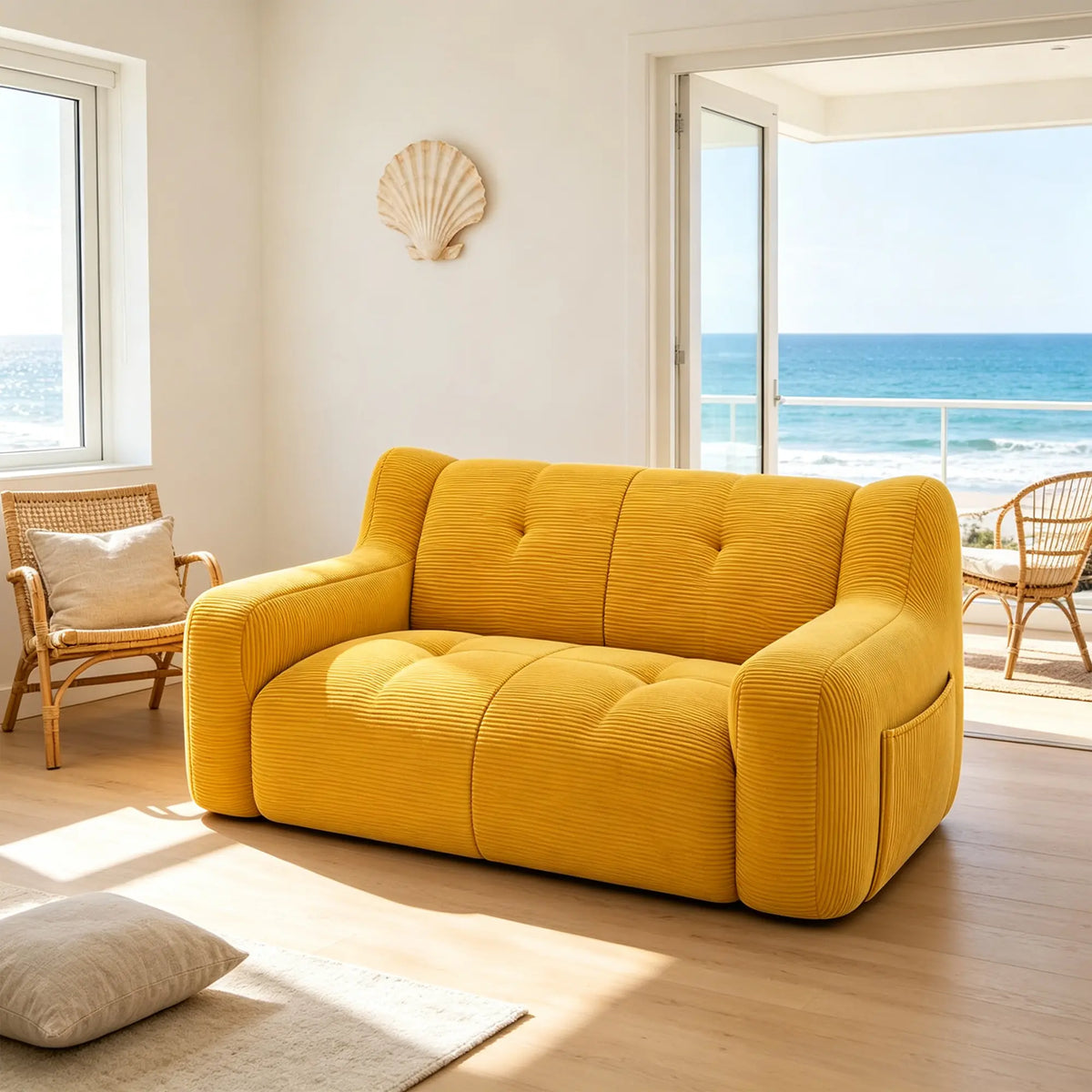 LIVARA 2 Seater Sofa Vintage Corduroy Upholstery Adaptive Particle Filling for Small Living Room Bedroom Apartment - Yellow