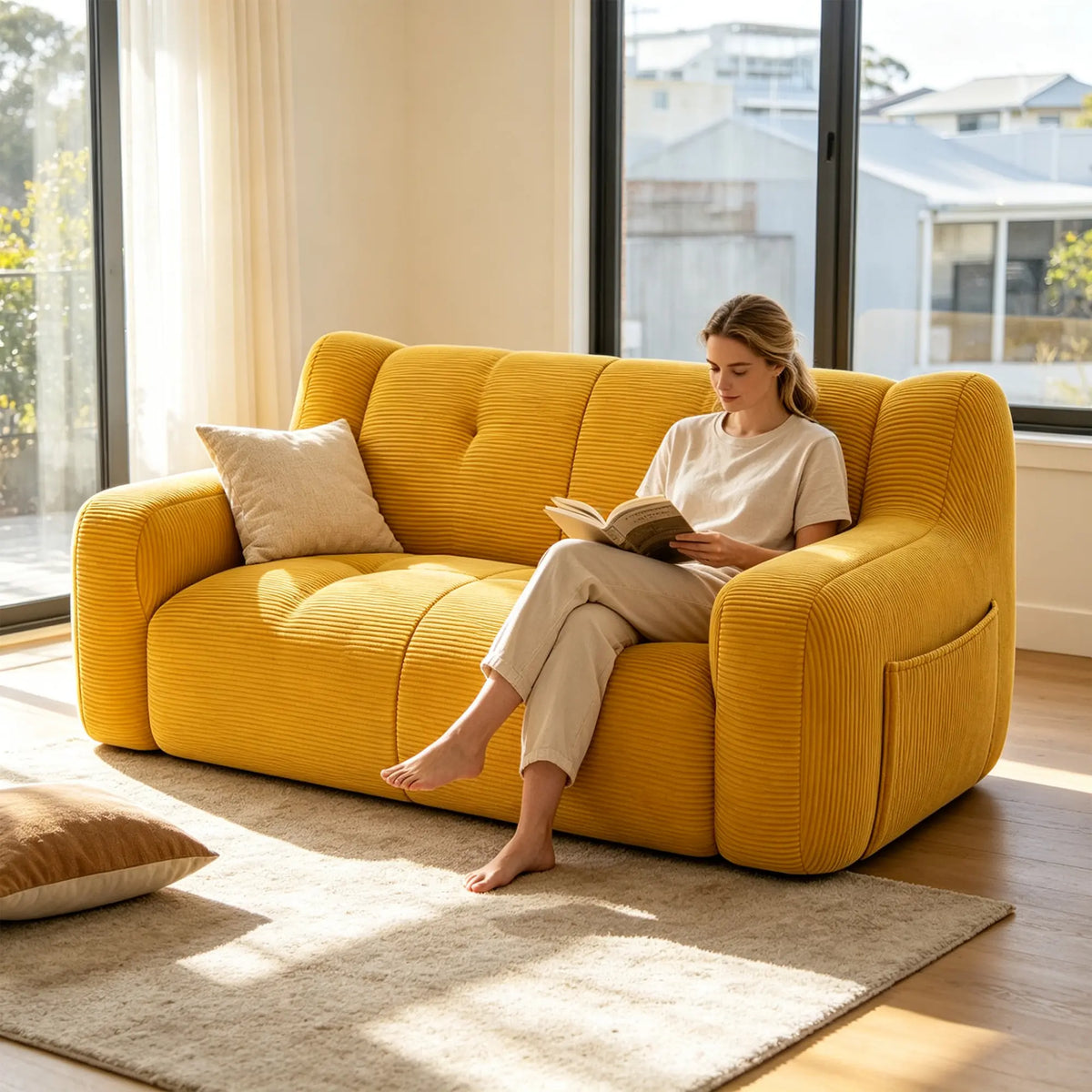LIVARA 2 Seater Sofa Vintage Corduroy Upholstery Adaptive Particle Filling for Small Living Room Bedroom Apartment - Yellow