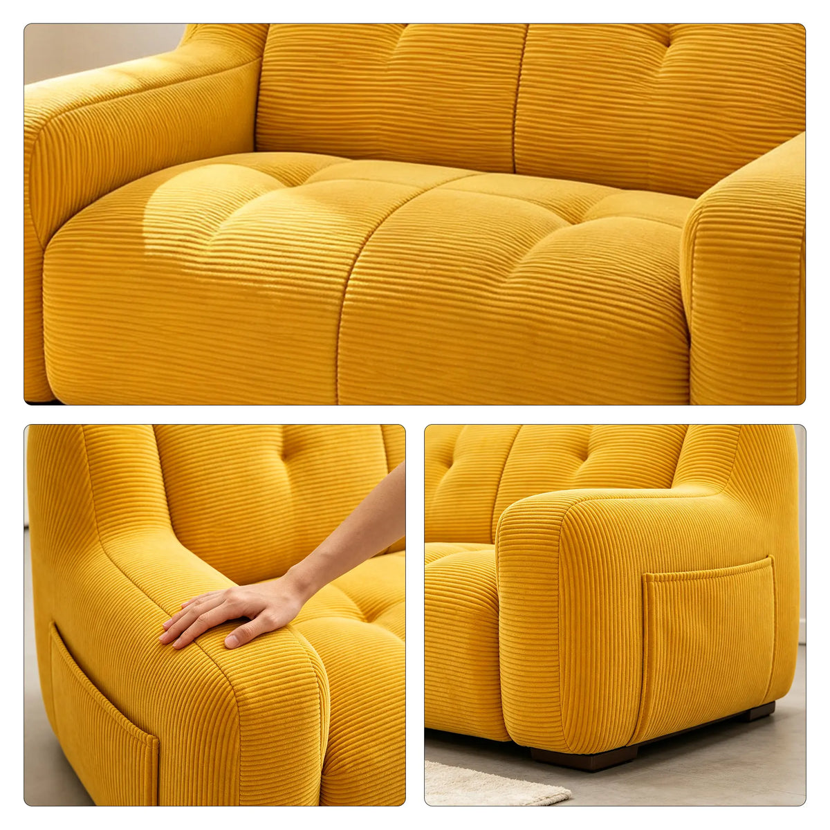 LIVARA 2 Seater Sofa Vintage Corduroy Upholstery Adaptive Particle Filling for Small Living Room Bedroom Apartment - Yellow
