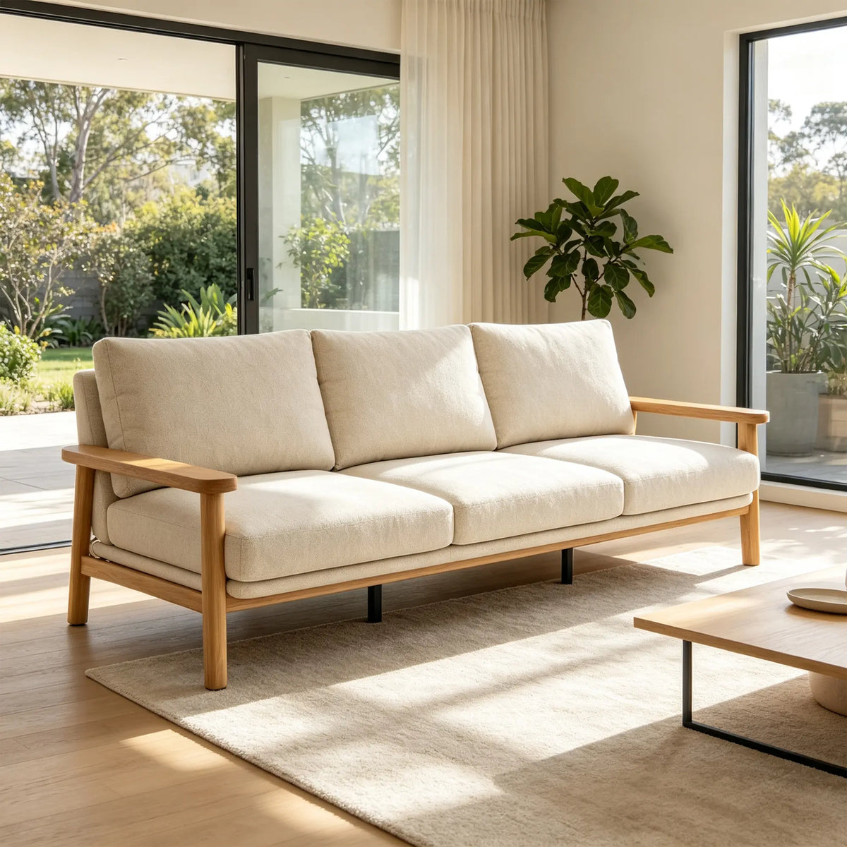 LIVARA 3 Seater Sofa Cotton Linen Upholstery Solid Wood Frame Removable Cushions for Living Room Apartment - Beige & Wood