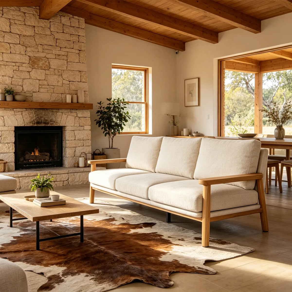 LIVARA 3 Seater Sofa Cotton Linen Upholstery Solid Wood Frame Removable Cushions for Living Room Apartment - Beige & Wood