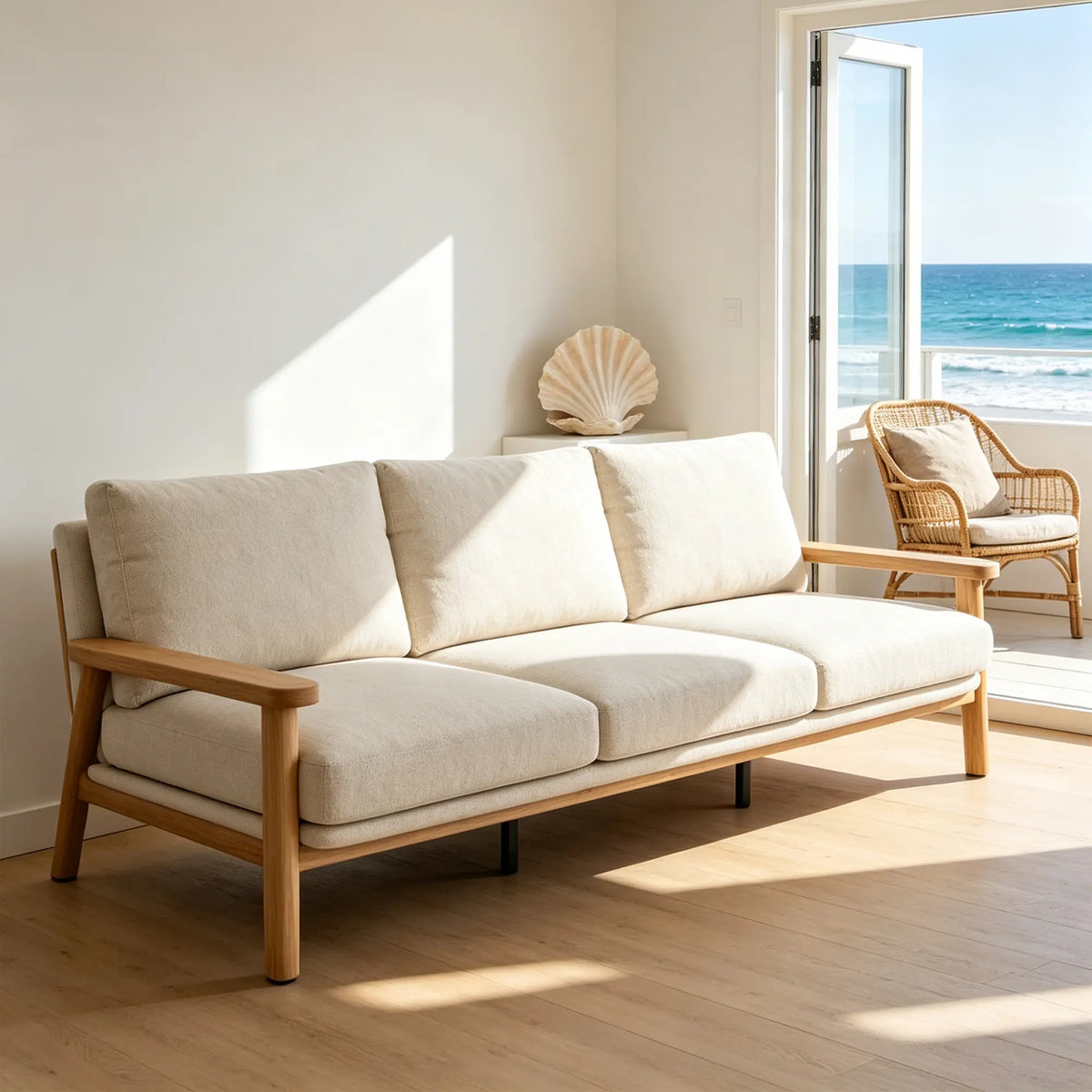 LIVARA 3 Seater Sofa Cotton Linen Upholstery Solid Wood Frame Removable Cushions for Living Room Apartment - Beige & Wood