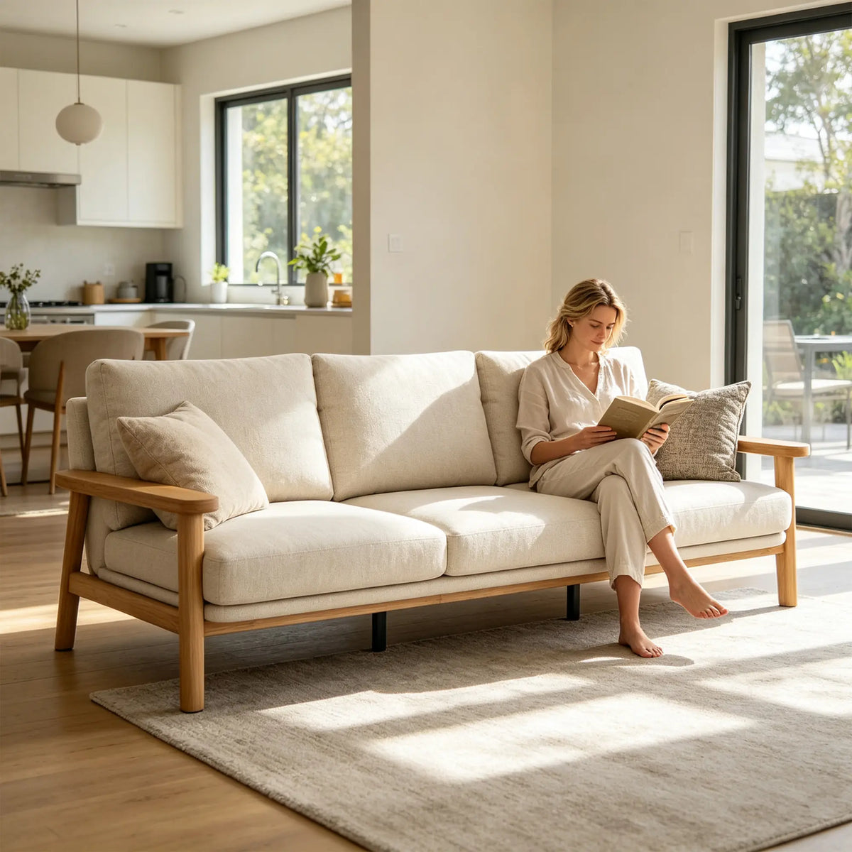 LIVARA 3 Seater Sofa Cotton Linen Upholstery Solid Wood Frame Removable Cushions for Living Room Apartment - Beige & Wood