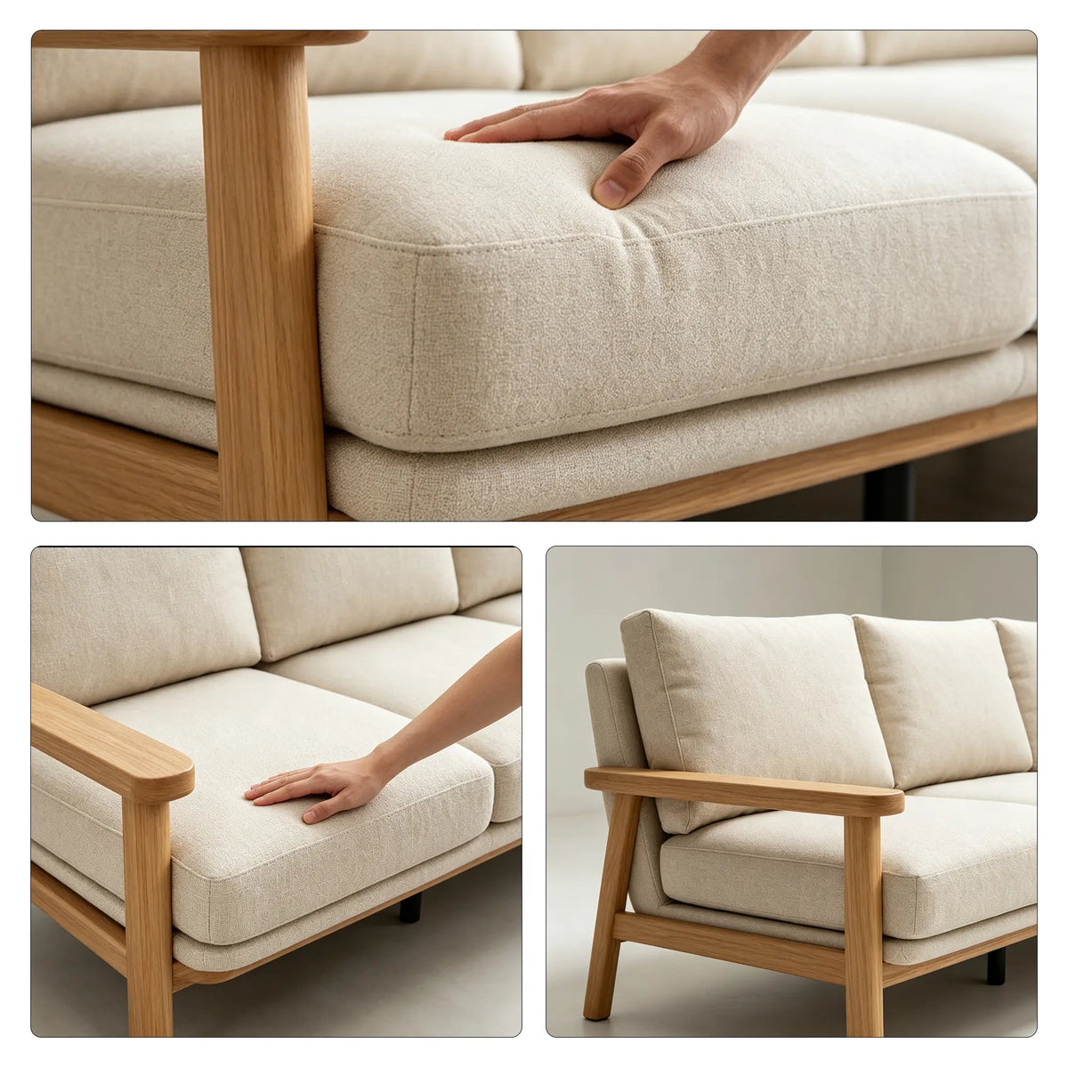 LIVARA 3 Seater Sofa Cotton Linen Upholstery Solid Wood Frame Removable Cushions for Living Room Apartment - Beige & Wood