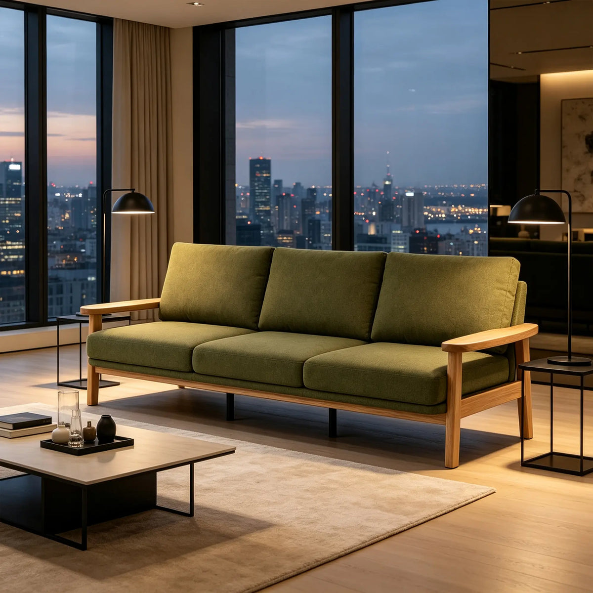 LIVARA 3 Seater Sofa Cotton Linen Upholstery Solid Wood Frame Removable Cushions for Living Room Apartment - Green & Wood