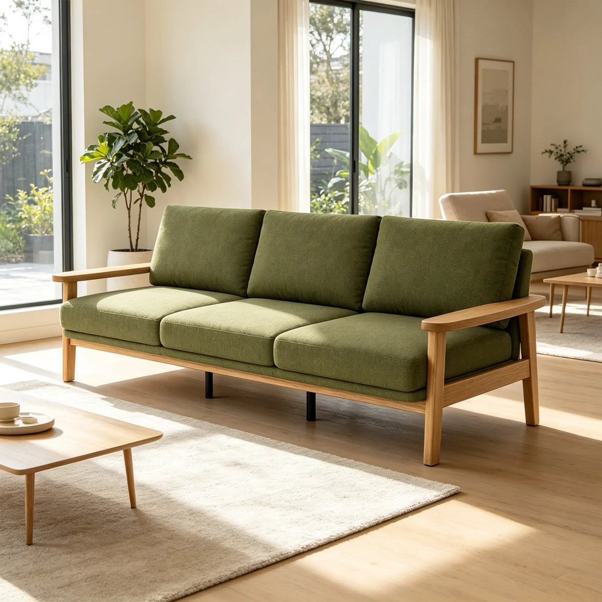 LIVARA 3 Seater Sofa Cotton Linen Upholstery Solid Wood Frame Removable Cushions for Living Room Apartment - Green & Wood