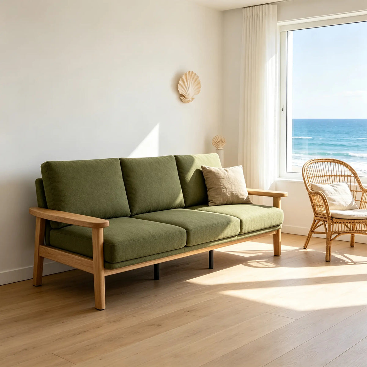 LIVARA 3 Seater Sofa Cotton Linen Upholstery Solid Wood Frame Removable Cushions for Living Room Apartment - Green & Wood