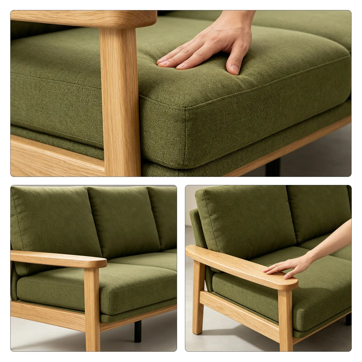 LIVARA 3 Seater Sofa Cotton Linen Upholstery Solid Wood Frame Removable Cushions for Living Room Apartment - Green & Wood