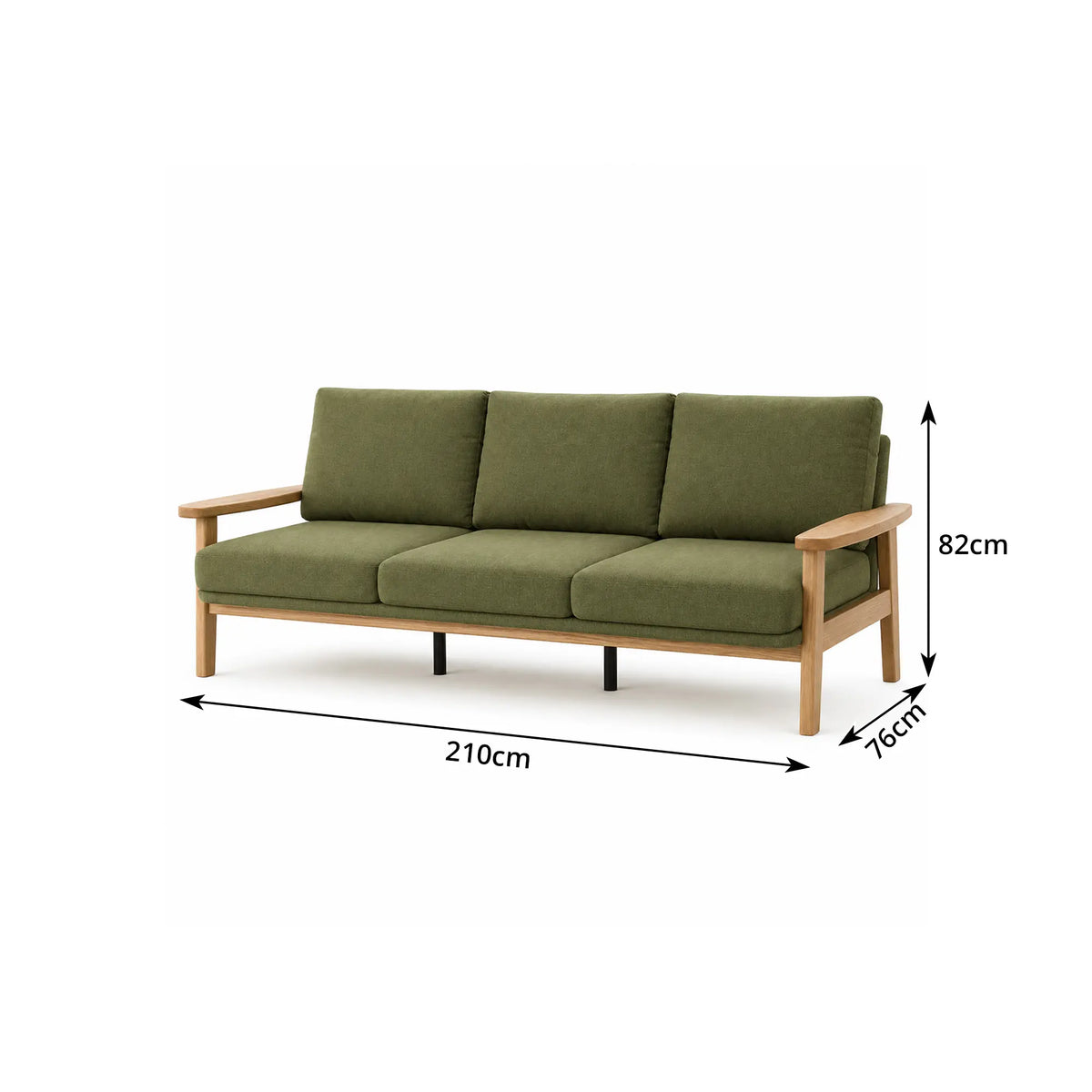 LIVARA 3 Seater Sofa Cotton Linen Upholstery Solid Wood Frame Removable Cushions for Living Room Apartment - Green & Wood