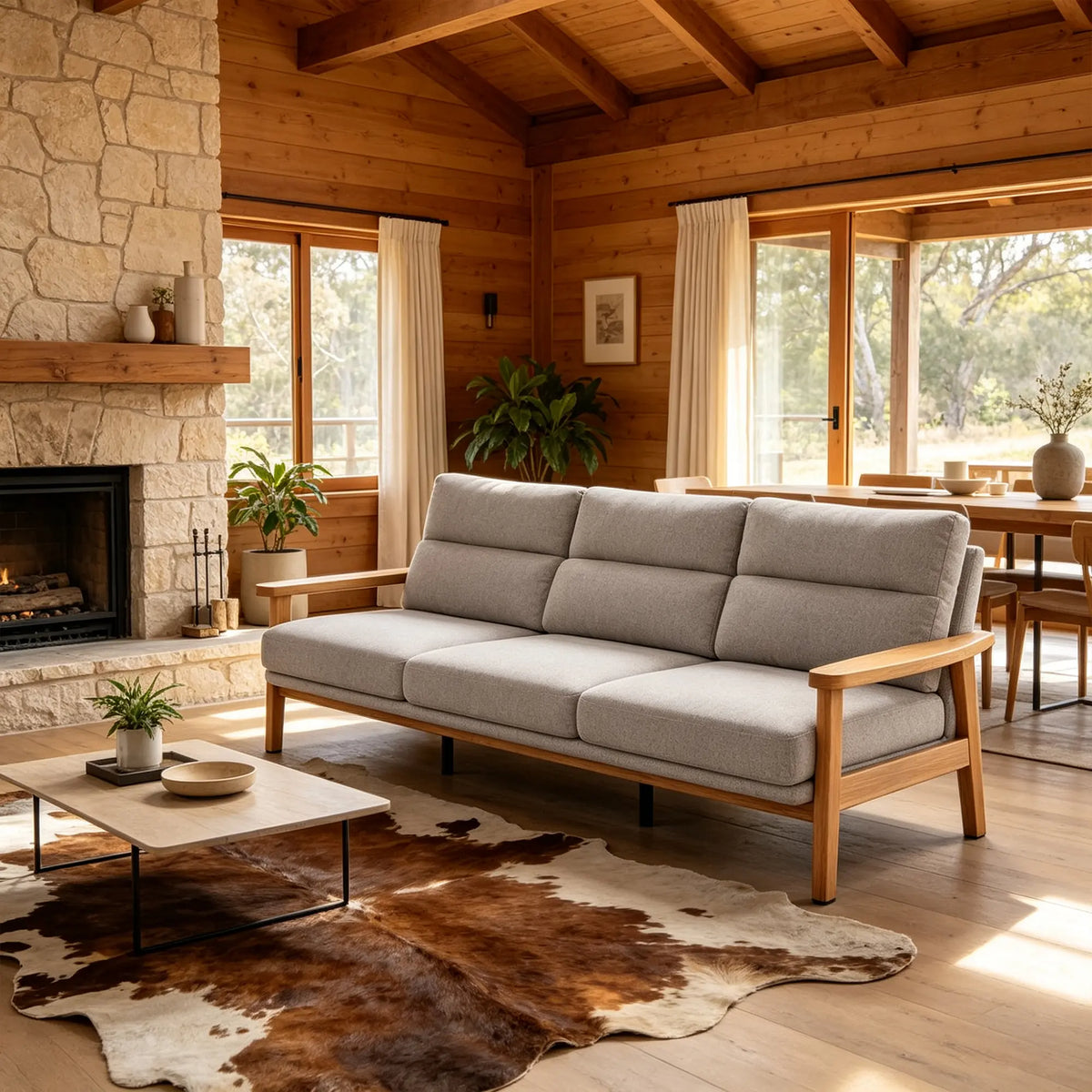 LIVARA 3 Seater Sofa Cotton Linen Upholstery Solid Wood Frame Removable Cushions for Living Room Apartment - Grey & Wood