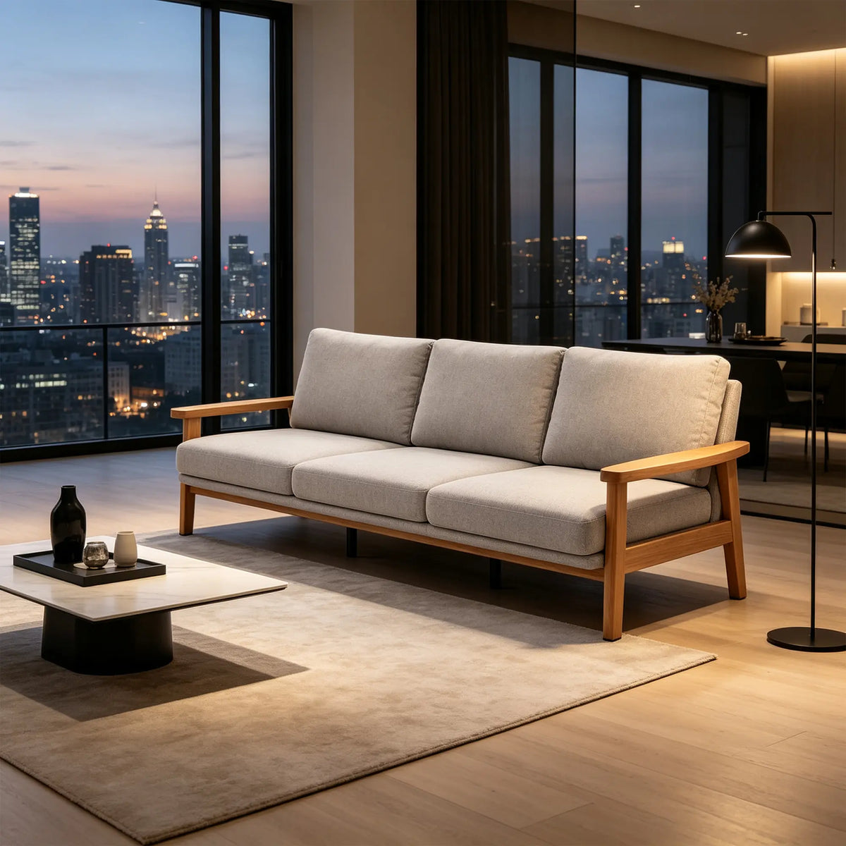 LIVARA 3 Seater Sofa Cotton Linen Upholstery Solid Wood Frame Removable Cushions for Living Room Apartment - Grey & Wood