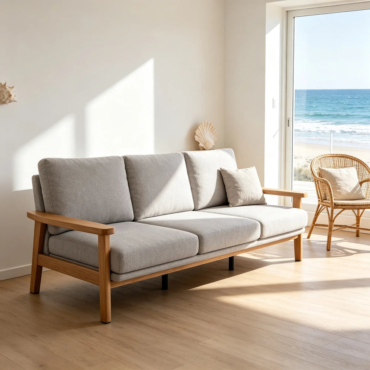 LIVARA 3 Seater Sofa Cotton Linen Upholstery Solid Wood Frame Removable Cushions for Living Room Apartment - Grey & Wood