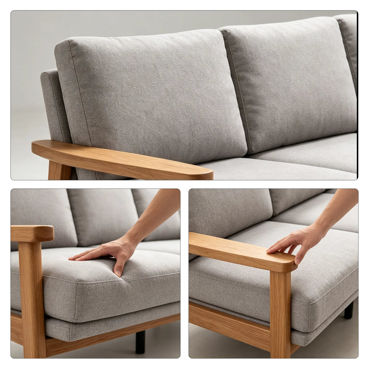 LIVARA 3 Seater Sofa Cotton Linen Upholstery Solid Wood Frame Removable Cushions for Living Room Apartment - Grey & Wood