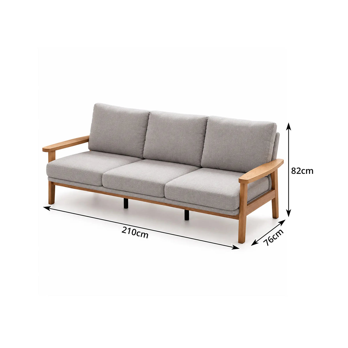 LIVARA 3 Seater Sofa Cotton Linen Upholstery Solid Wood Frame Removable Cushions for Living Room Apartment - Grey & Wood