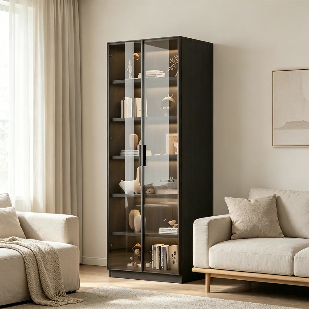 LIVARA Storage Cabinet - Honeycomb Aluminum Frame Full Glass Door Display Cabinet 60/80cm Living Room Storage - White & Matte Grey