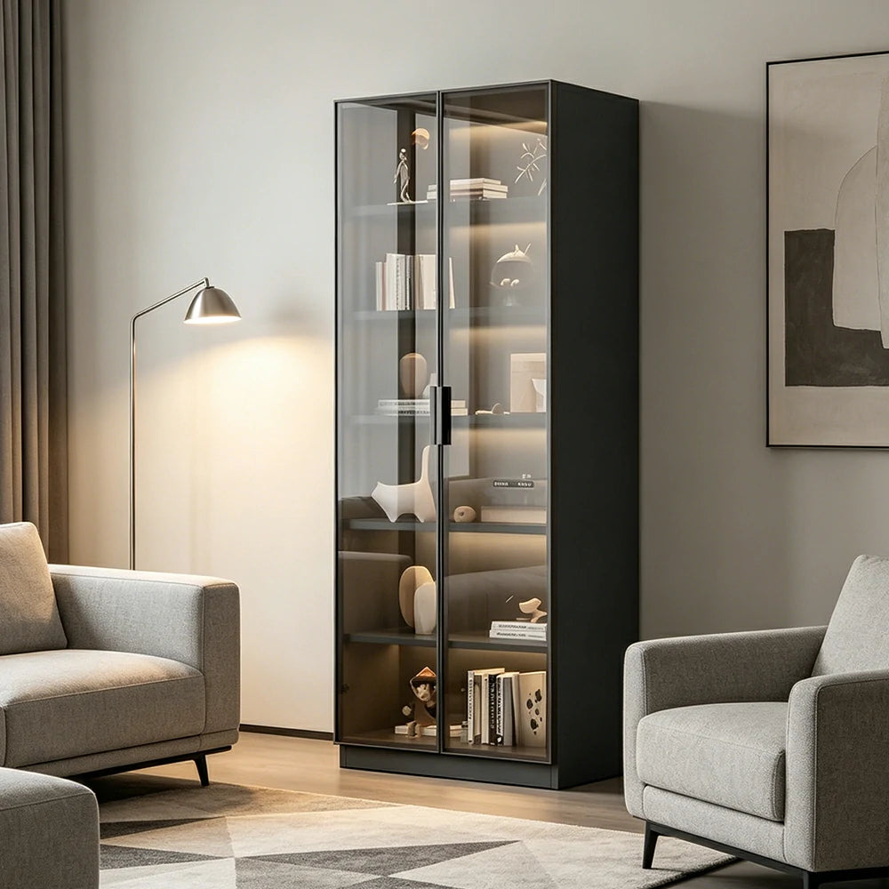 LIVARA Storage Cabinet - Honeycomb Aluminum Frame Full Glass Door Display Cabinet 60/80cm Living Room Storage - White & Matte Grey