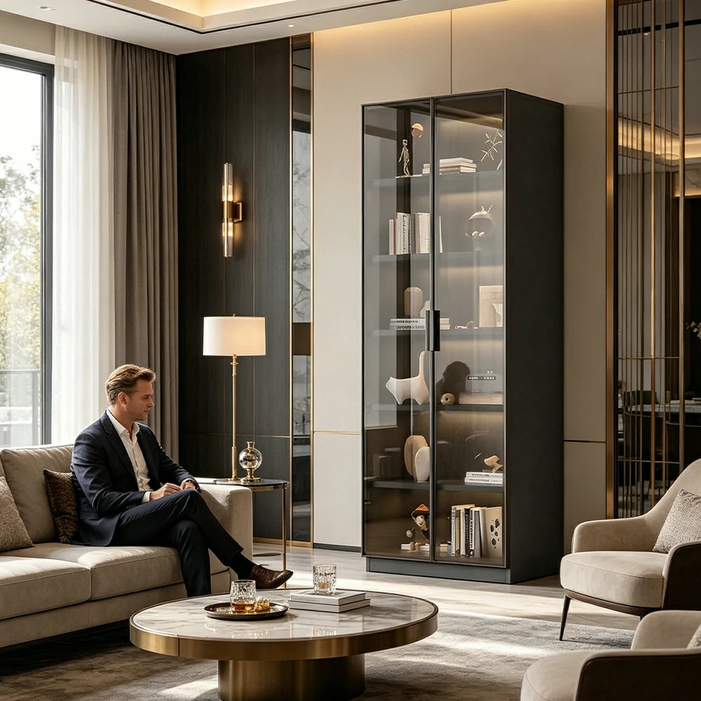 LIVARA Storage Cabinet - Honeycomb Aluminum Frame Full Glass Door Display Cabinet 60/80cm Living Room Storage - White & Matte Grey