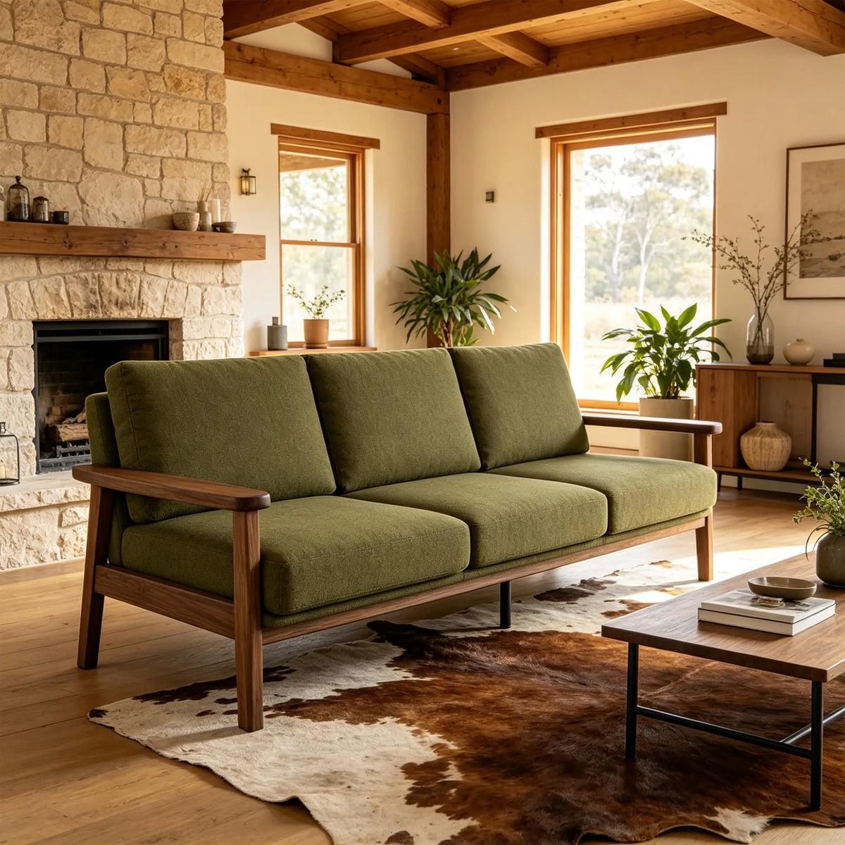 LIVARA 3 Seater Sofa Cotton Linen Upholstery Solid Wood Frame Removable Cushions for Living Room Apartment - Green & Walnut