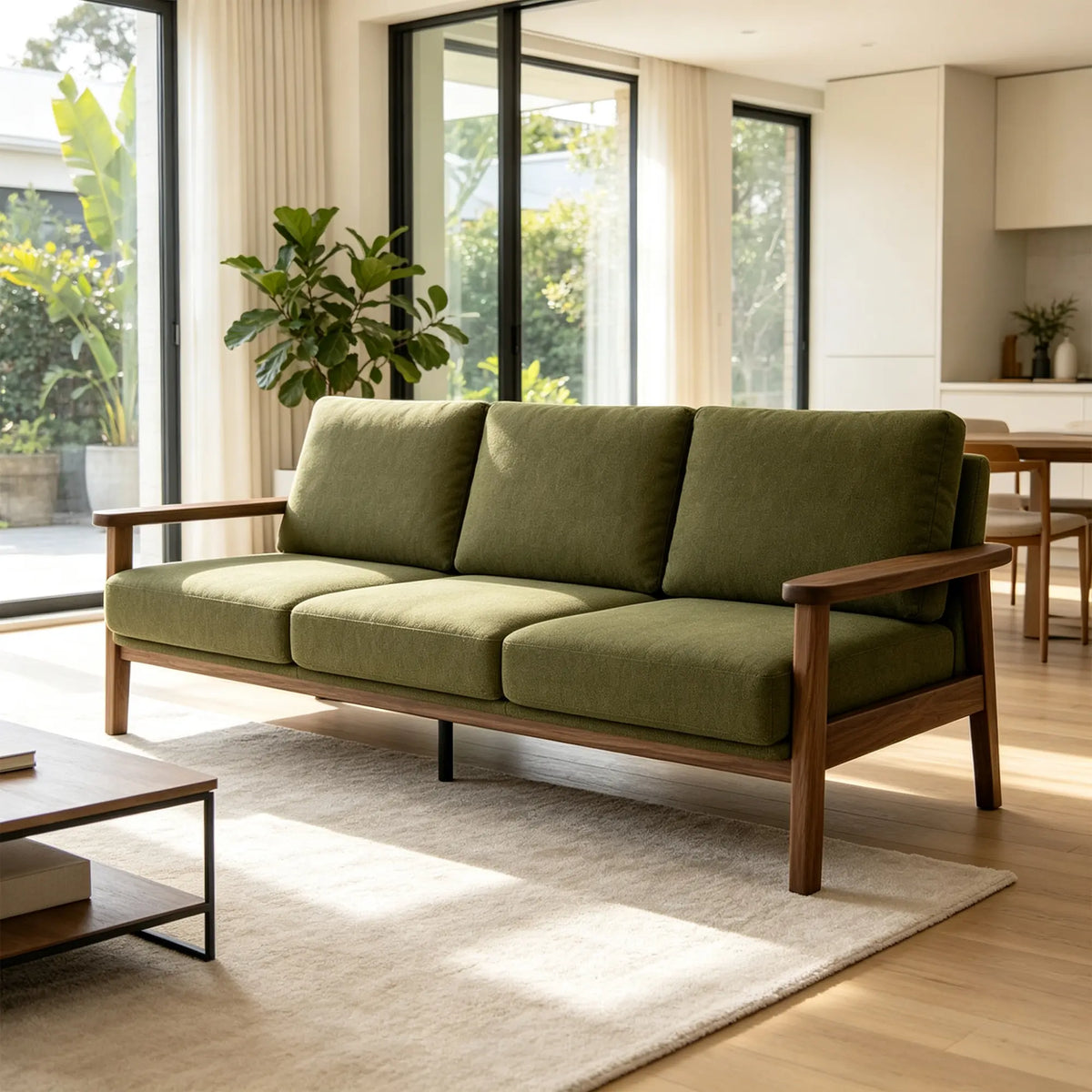 LIVARA 3 Seater Sofa Cotton Linen Upholstery Solid Wood Frame Removable Cushions for Living Room Apartment - Green & Walnut