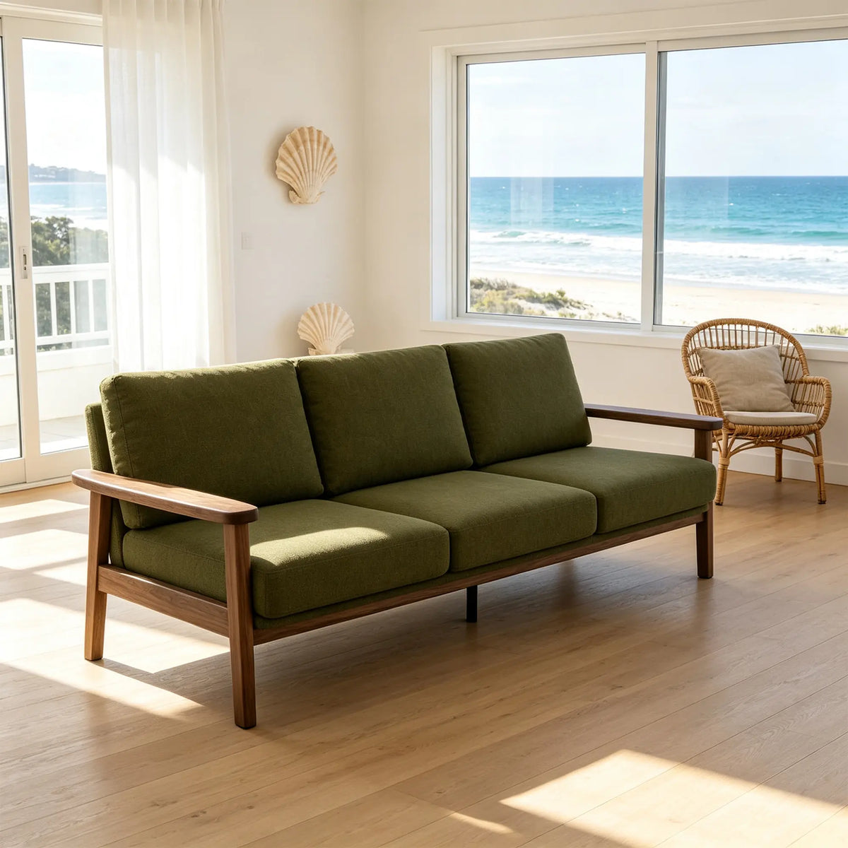 LIVARA 3 Seater Sofa Cotton Linen Upholstery Solid Wood Frame Removable Cushions for Living Room Apartment - Green & Walnut