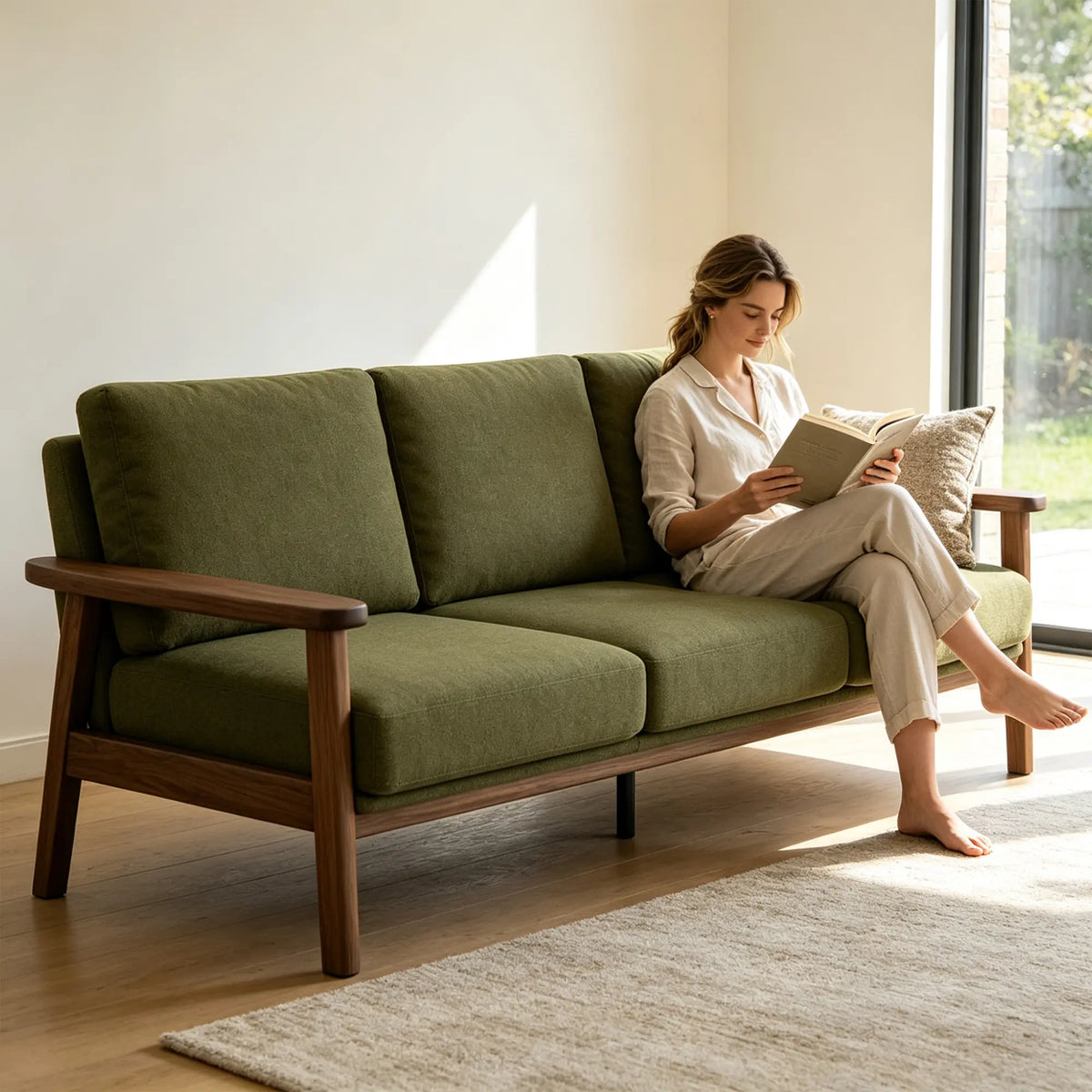 LIVARA 3 Seater Sofa Cotton Linen Upholstery Solid Wood Frame Removable Cushions for Living Room Apartment - Green & Walnut