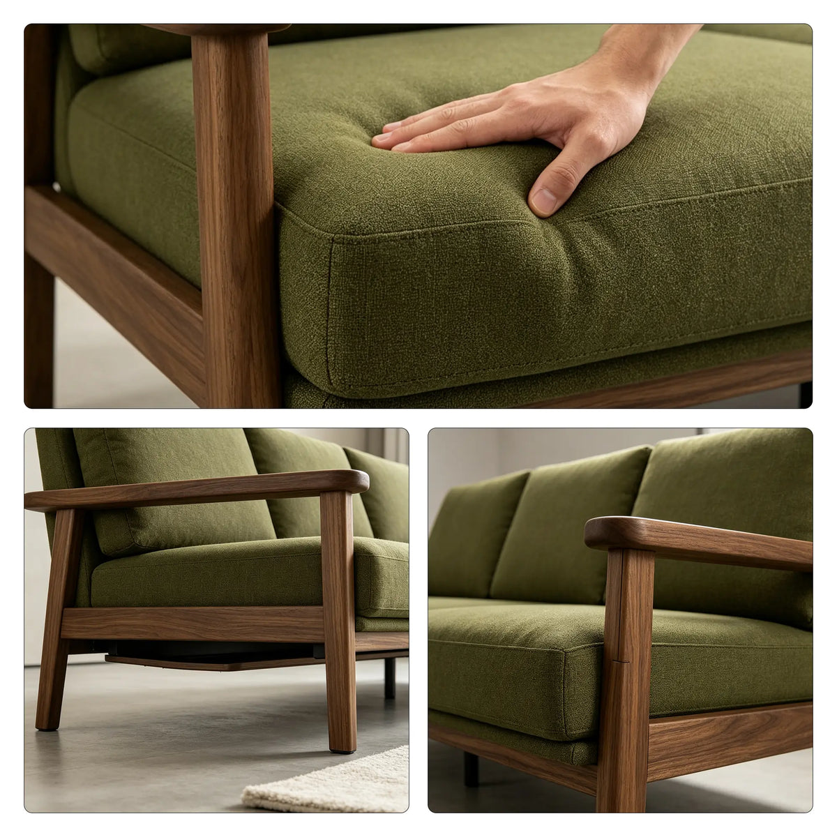 LIVARA 3 Seater Sofa Cotton Linen Upholstery Solid Wood Frame Removable Cushions for Living Room Apartment - Green & Walnut