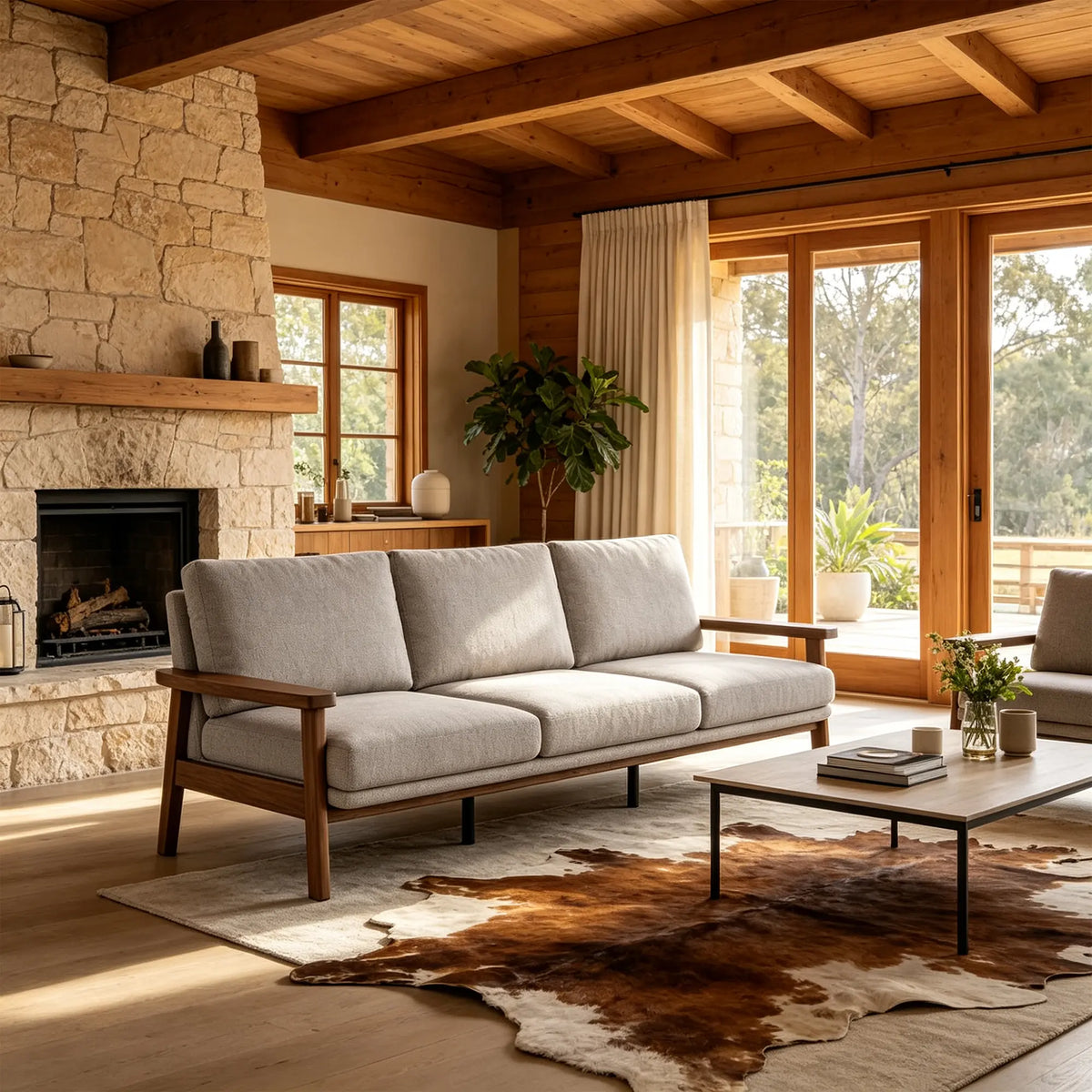 LIVARA 3 Seater Sofa Cotton Linen Upholstery Solid Wood Frame Removable Cushions for Living Room Apartment - Grey & Walnut