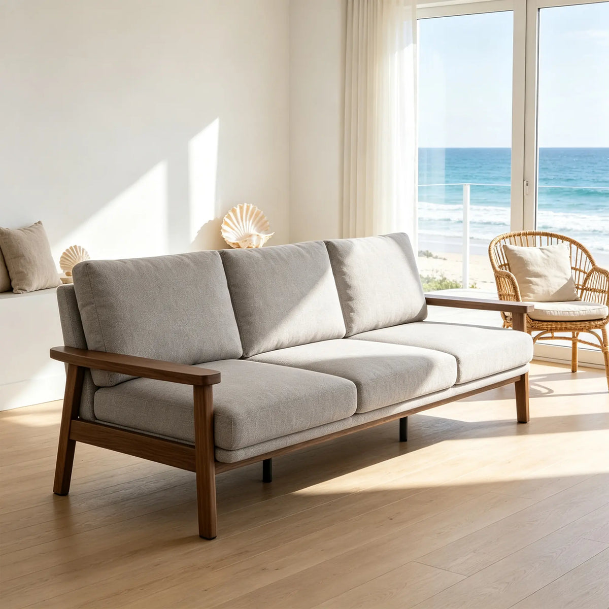 LIVARA 3 Seater Sofa Cotton Linen Upholstery Solid Wood Frame Removable Cushions for Living Room Apartment - Grey & Walnut