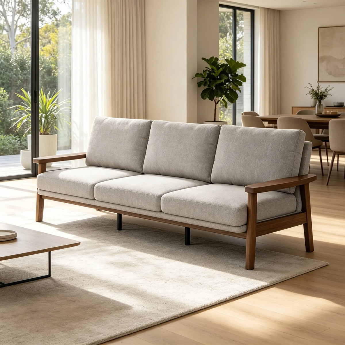 LIVARA 3 Seater Sofa Cotton Linen Upholstery Solid Wood Frame Removable Cushions for Living Room Apartment - Grey & Walnut