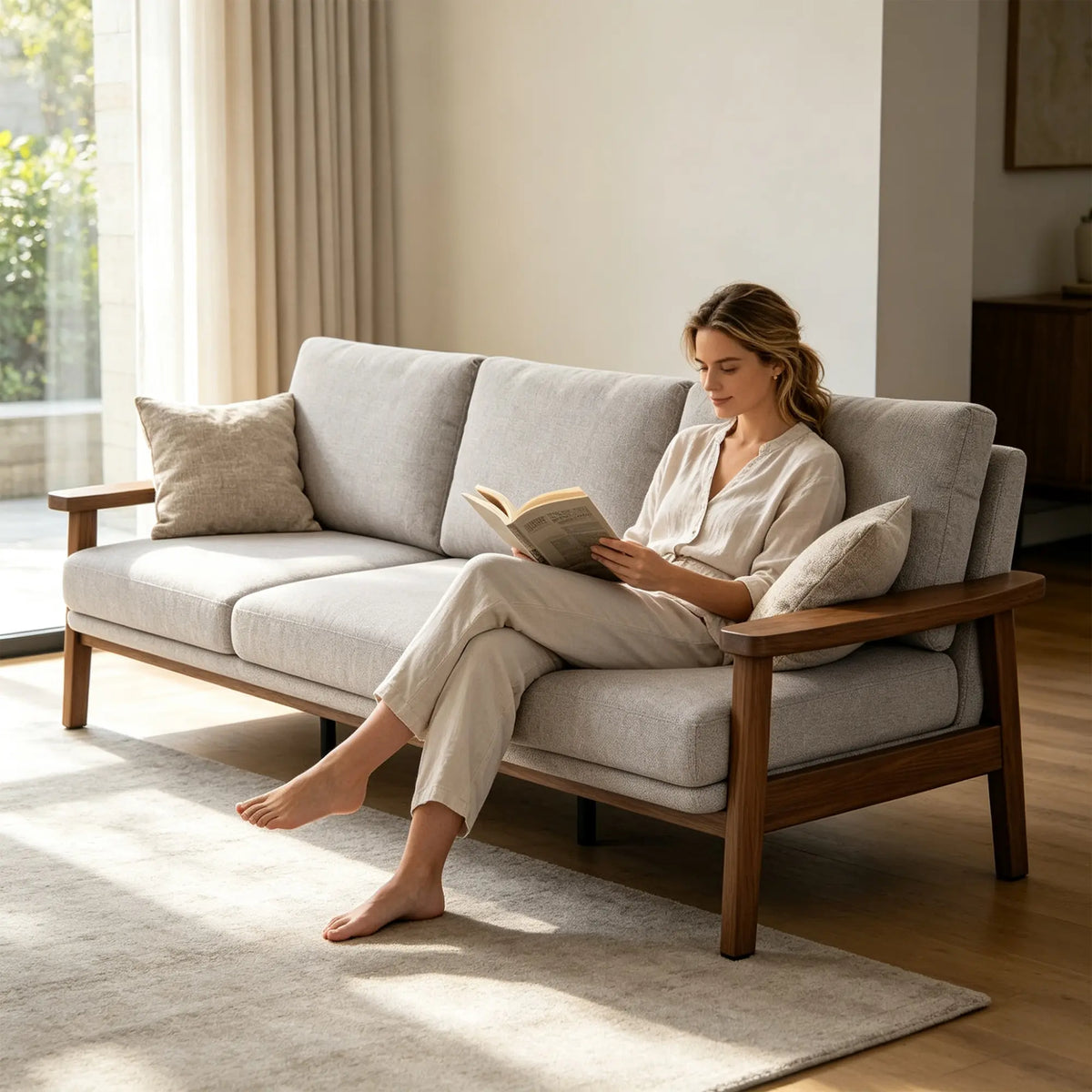 LIVARA 3 Seater Sofa Cotton Linen Upholstery Solid Wood Frame Removable Cushions for Living Room Apartment - Grey & Walnut