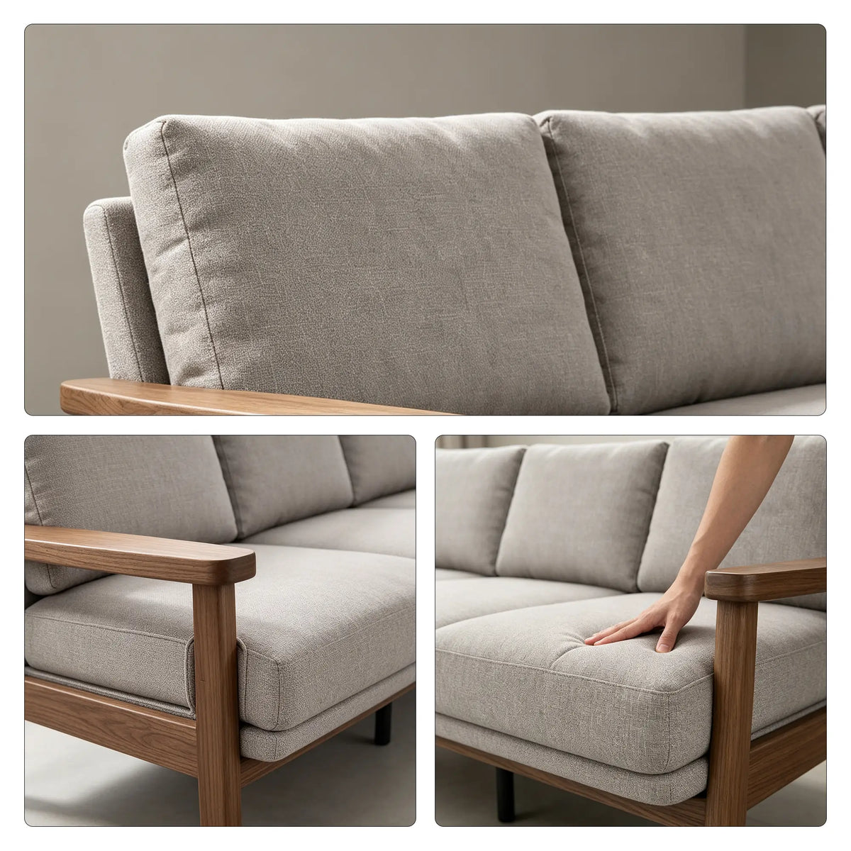 LIVARA 3 Seater Sofa Cotton Linen Upholstery Solid Wood Frame Removable Cushions for Living Room Apartment - Grey & Walnut