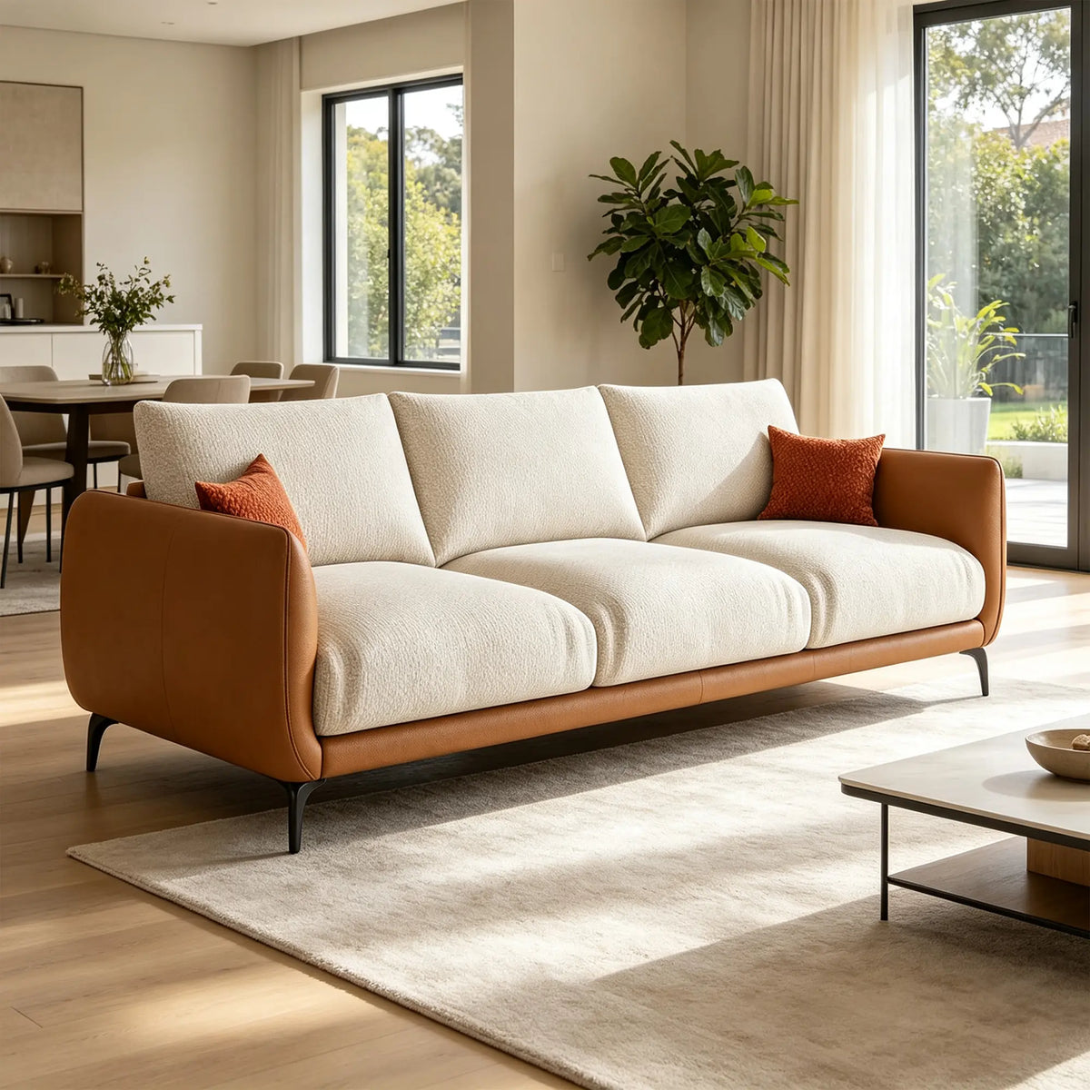 LIVARA Modern Sofa Mixed Cotton Linen Upholstery Waterproof Cat Scratch Resistant Leather High Resilience Cushions for Living Room - White & Brown