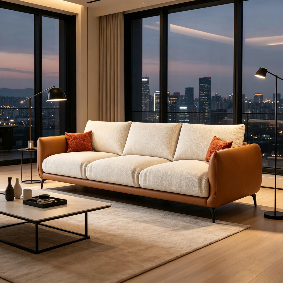 LIVARA Modern Sofa Mixed Cotton Linen Upholstery Waterproof Cat Scratch Resistant Leather High Resilience Cushions for Living Room - White & Brown