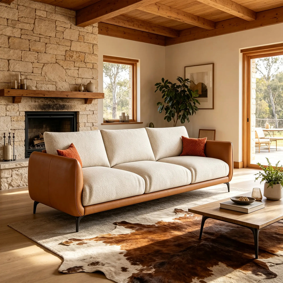 LIVARA Modern Sofa Mixed Cotton Linen Upholstery Waterproof Cat Scratch Resistant Leather High Resilience Cushions for Living Room - White & Brown