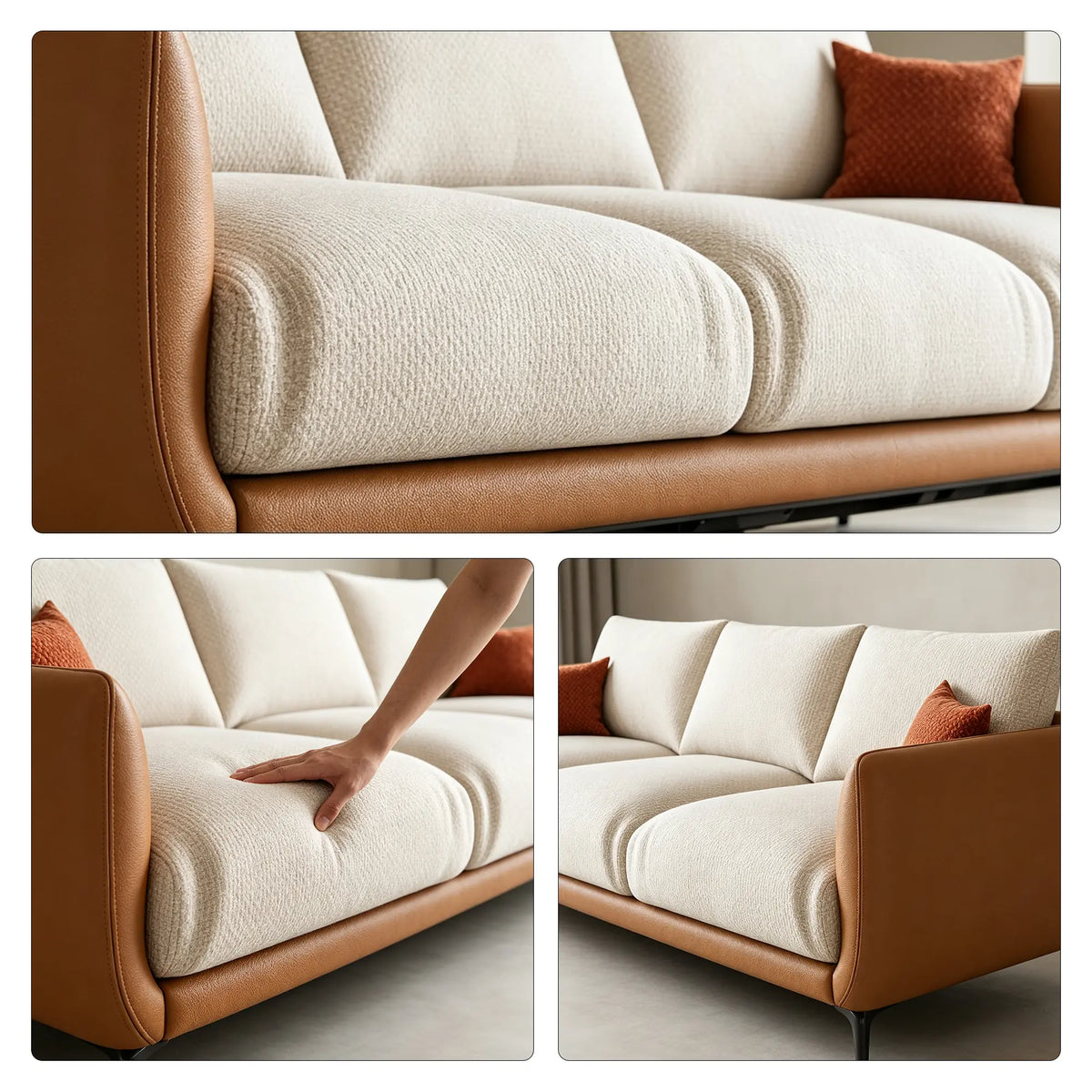 LIVARA Modern Sofa Mixed Cotton Linen Upholstery Waterproof Cat Scratch Resistant Leather High Resilience Cushions for Living Room - White & Brown
