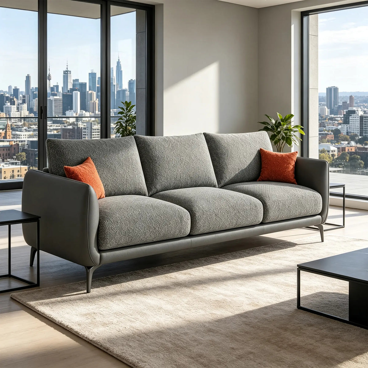 LIVARA Modern Sofa Mixed Cotton Linen Upholstery Waterproof Cat Scratch Resistant Leather High Resilience Cushions for Living Room - Grey