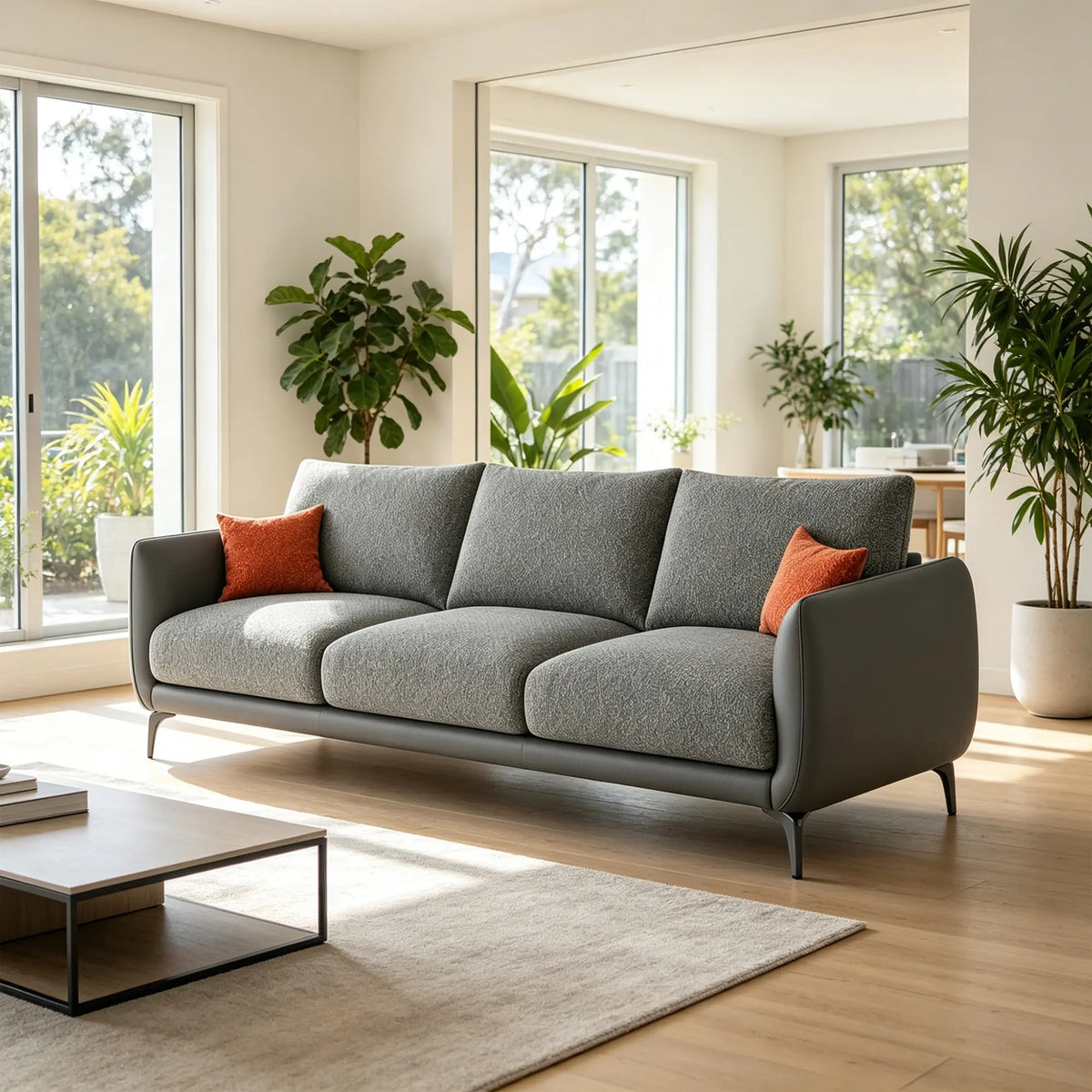 LIVARA Modern Sofa Mixed Cotton Linen Upholstery Waterproof Cat Scratch Resistant Leather High Resilience Cushions for Living Room - Grey