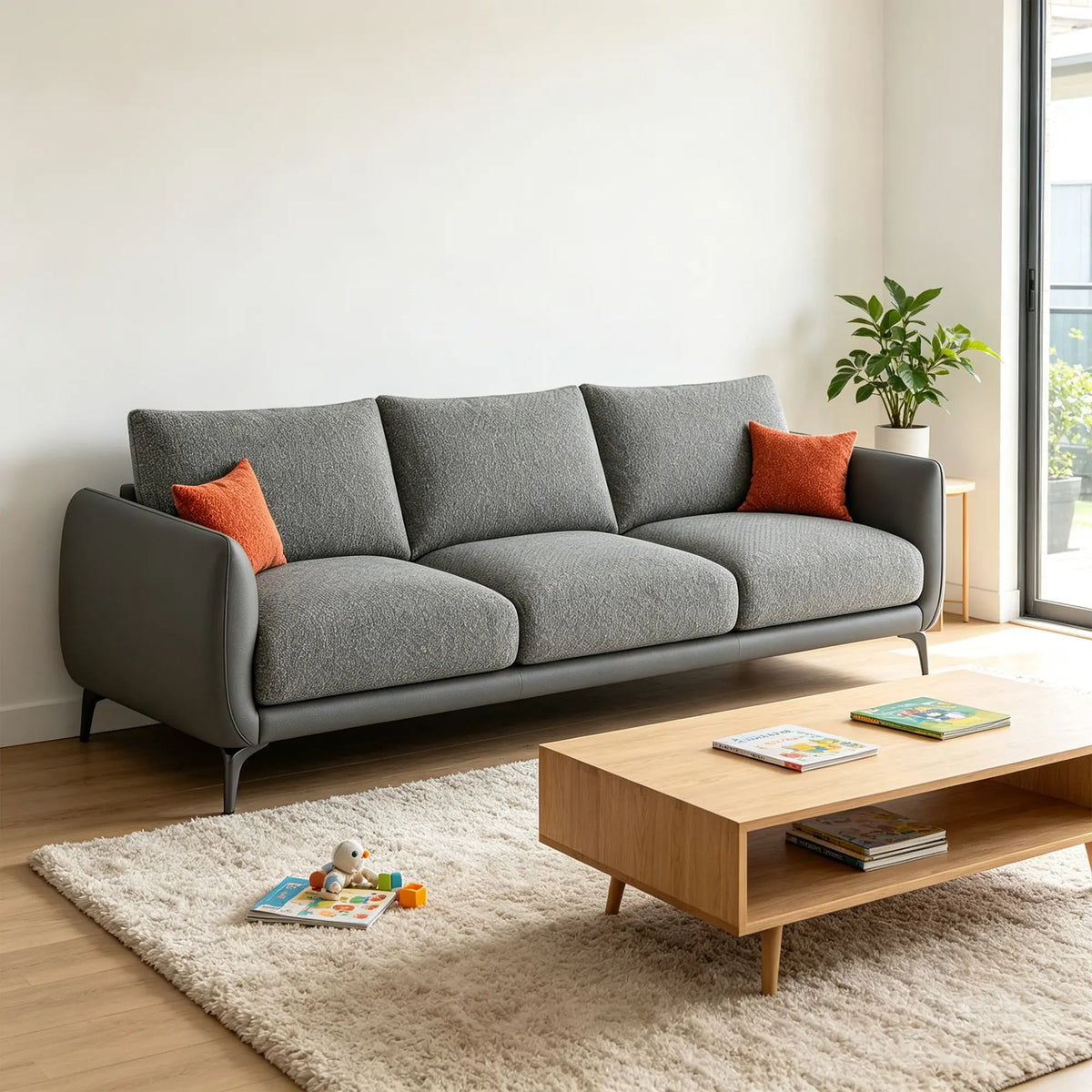 LIVARA Modern Sofa Mixed Cotton Linen Upholstery Waterproof Cat Scratch Resistant Leather High Resilience Cushions for Living Room - Grey