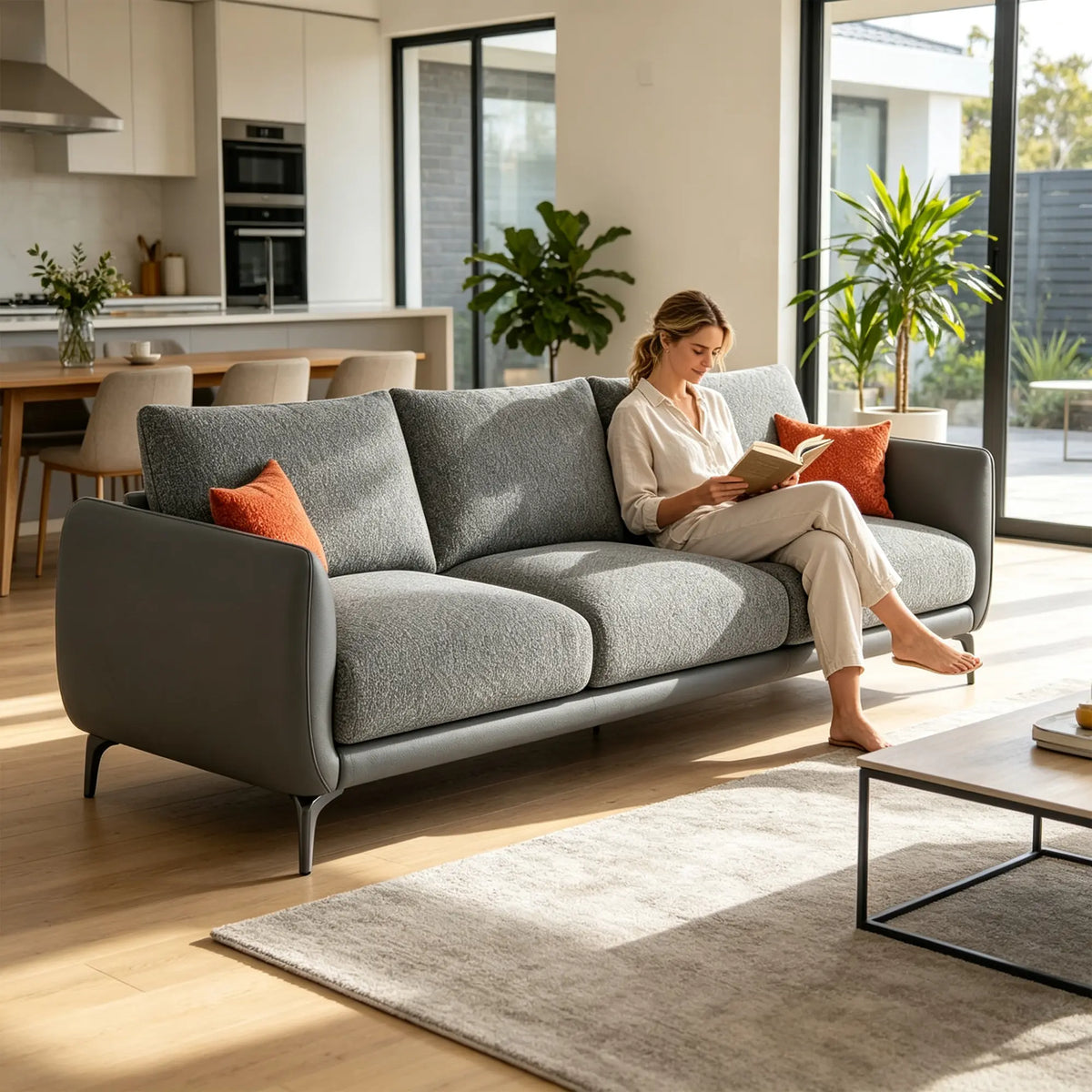 LIVARA Modern Sofa Mixed Cotton Linen Upholstery Waterproof Cat Scratch Resistant Leather High Resilience Cushions for Living Room - Grey