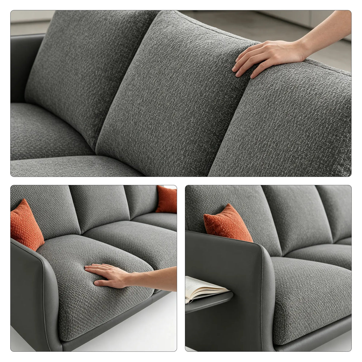LIVARA Modern Sofa Mixed Cotton Linen Upholstery Waterproof Cat Scratch Resistant Leather High Resilience Cushions for Living Room - Grey