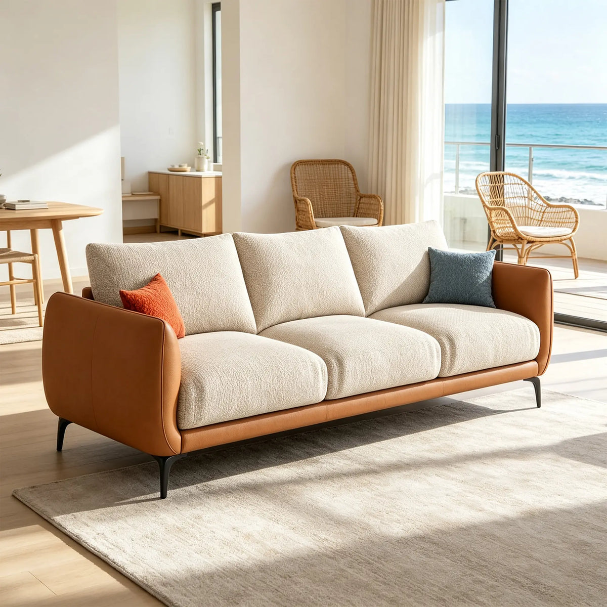 LIVARA Modern Sofa Mixed Cotton Linen Upholstery Waterproof Cat Scratch Resistant Leather High Resilience Cushions for Living Room - Grey & Brown