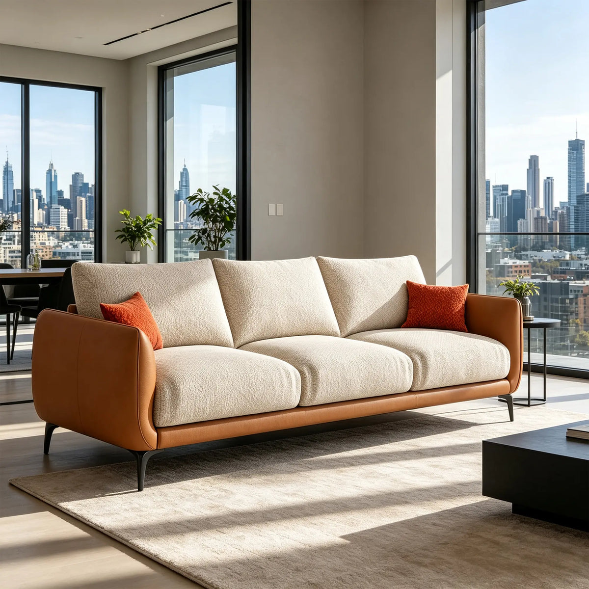 LIVARA Modern Sofa Mixed Cotton Linen Upholstery Waterproof Cat Scratch Resistant Leather High Resilience Cushions for Living Room - Grey & Brown