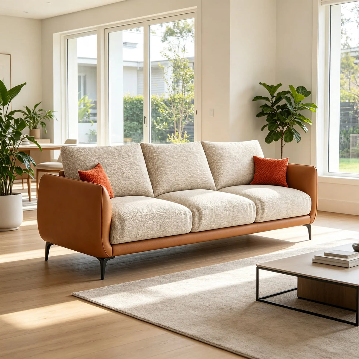 LIVARA Modern Sofa Mixed Cotton Linen Upholstery Waterproof Cat Scratch Resistant Leather High Resilience Cushions for Living Room - Grey & Brown