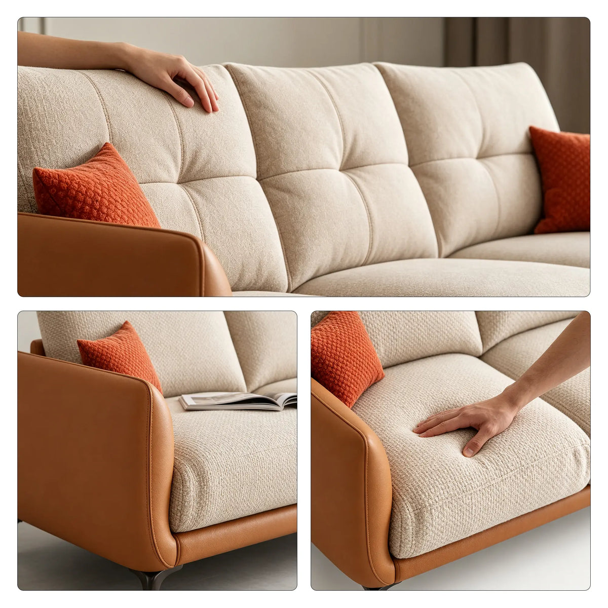 LIVARA Modern Sofa Mixed Cotton Linen Upholstery Waterproof Cat Scratch Resistant Leather High Resilience Cushions for Living Room - Grey & Brown
