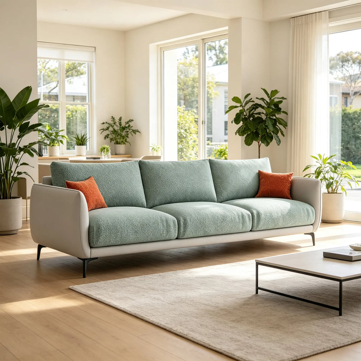 LIVARA Modern Sofa Mixed Cotton Linen Upholstery Waterproof Cat Scratch Resistant Leather High Resilience Cushions for Living Room - Blue & White
