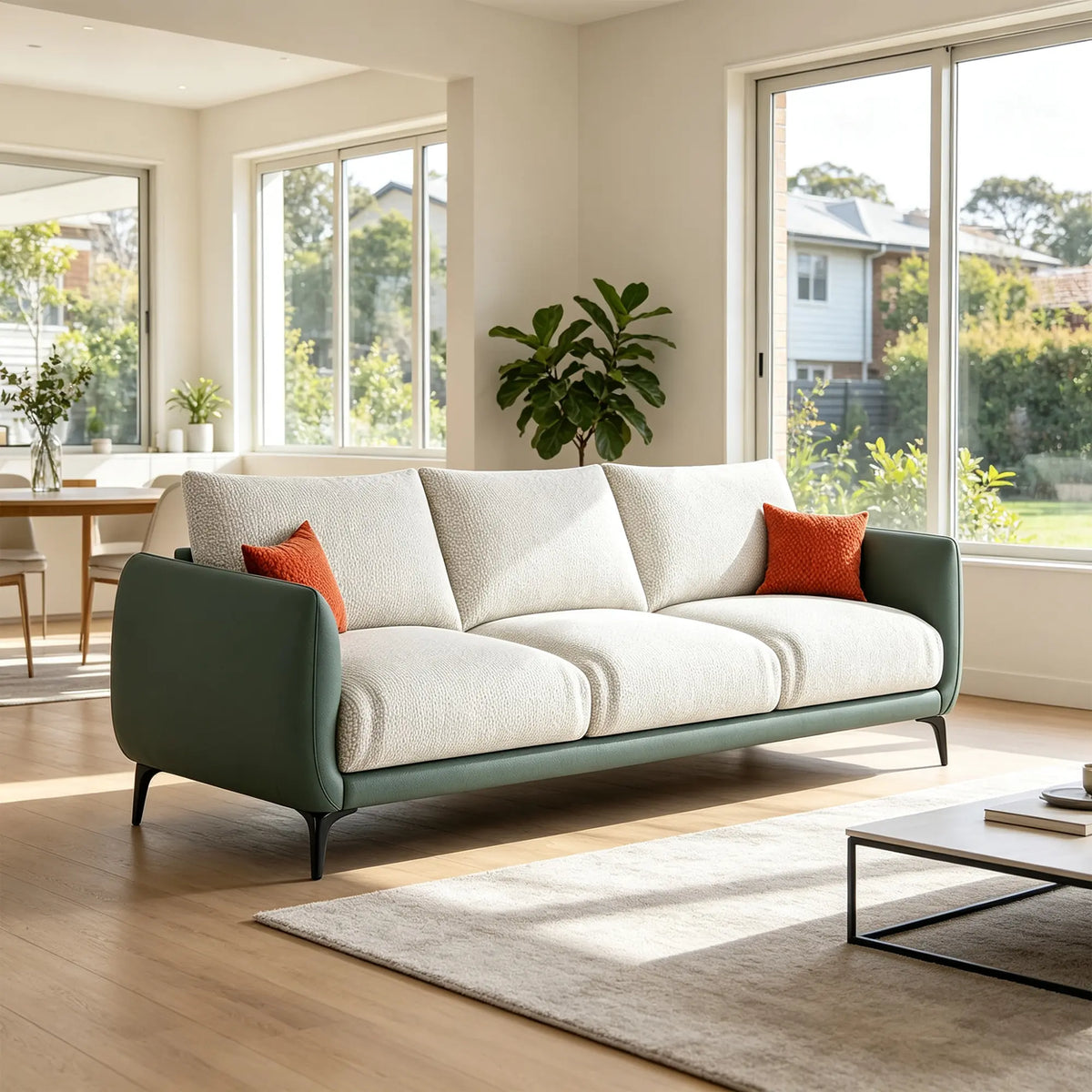 LIVARA Modern Sofa Mixed Cotton Linen Upholstery Waterproof Cat Scratch Resistant Leather High Resilience Cushions for Living Room - White & Green