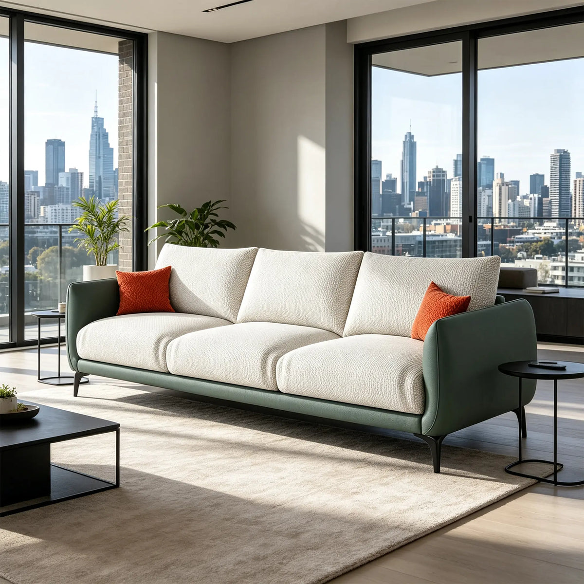 LIVARA Modern Sofa Mixed Cotton Linen Upholstery Waterproof Cat Scratch Resistant Leather High Resilience Cushions for Living Room - White & Green