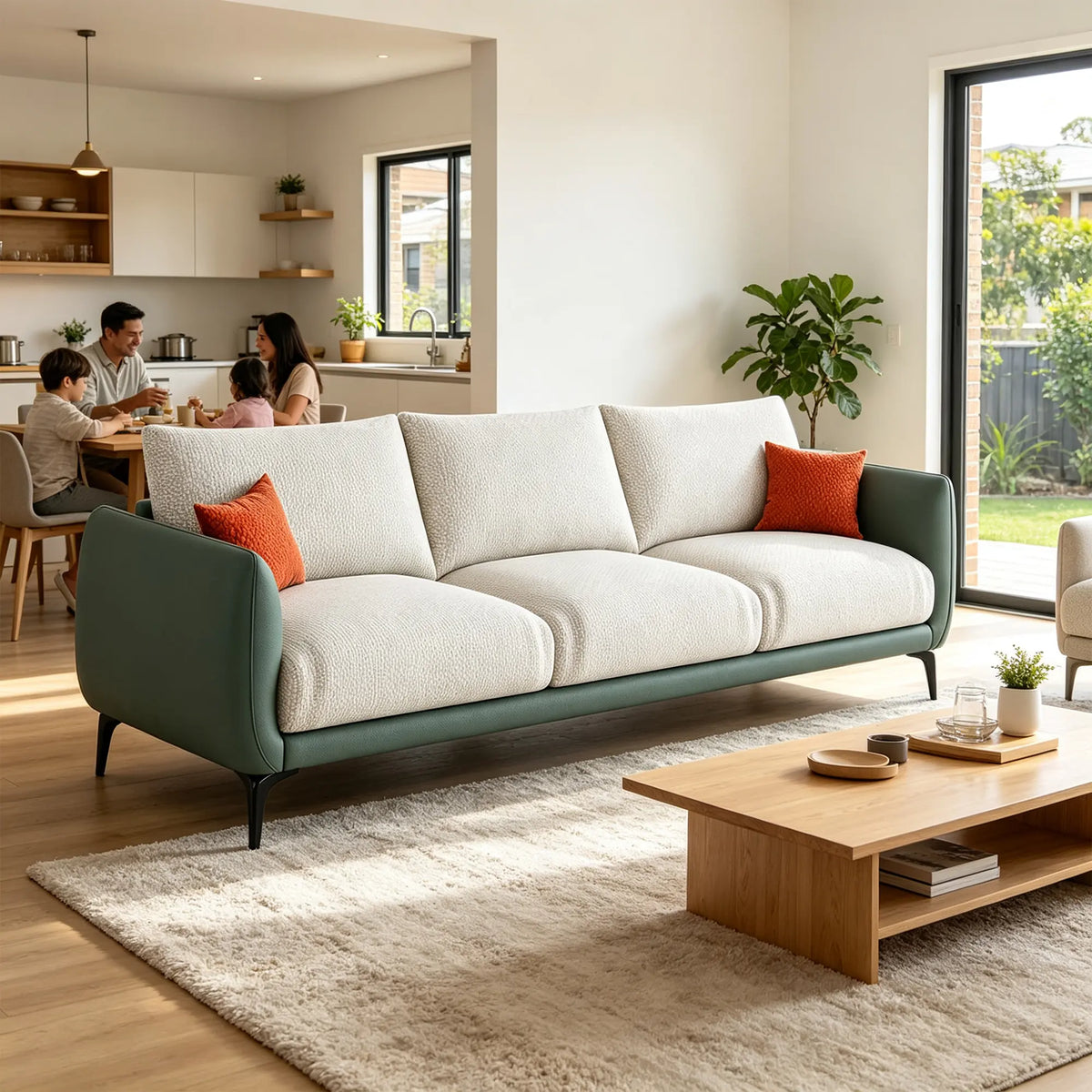 LIVARA Modern Sofa Mixed Cotton Linen Upholstery Waterproof Cat Scratch Resistant Leather High Resilience Cushions for Living Room - White & Green
